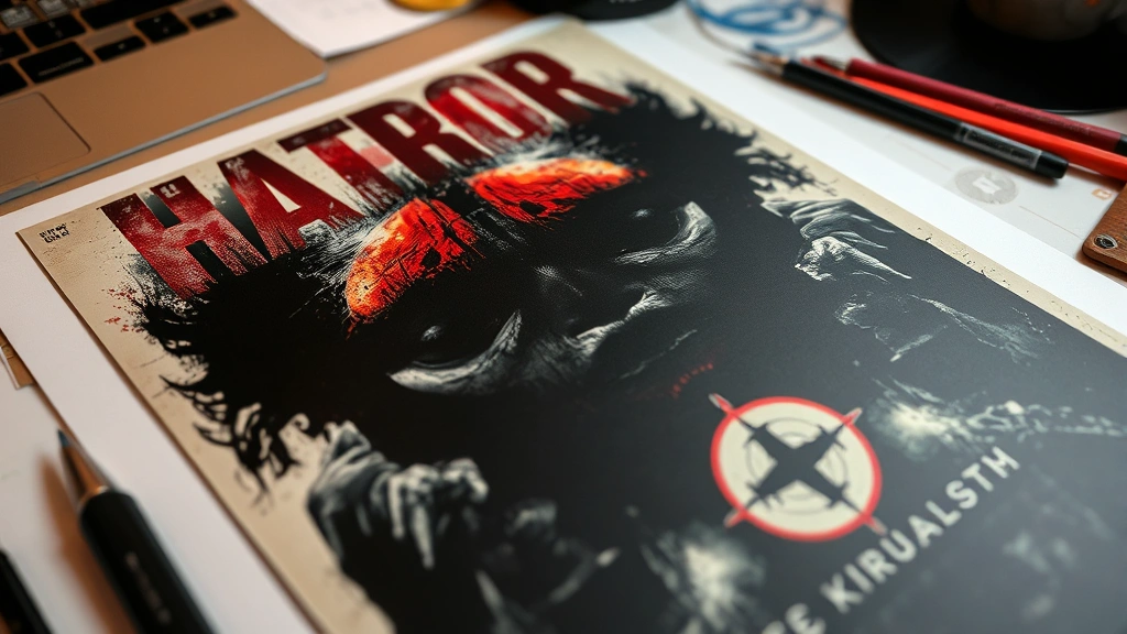 Close-up of horror poster design elements including distorted typography, layered imagery with faces emerging from shadow, high contrast compositions, and symbolic visual elements arranged on a designer's workspace