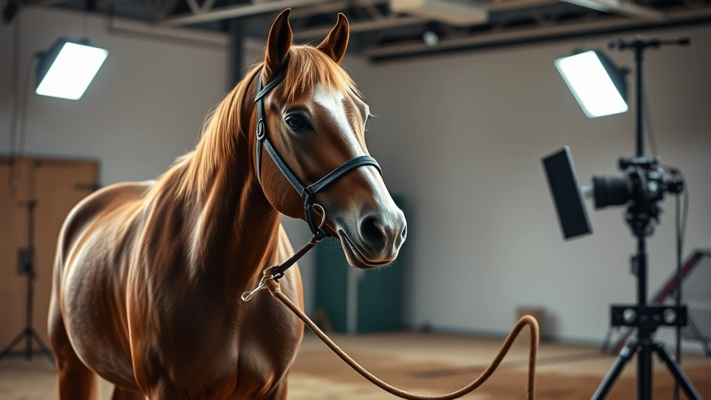 Professional horse trainer working with palomino in film studio environment, cinematic lighting setup visible, trainer holding rope with focused concentration, modern production equipment in soft-focus background, photorealistic documentary-style composition