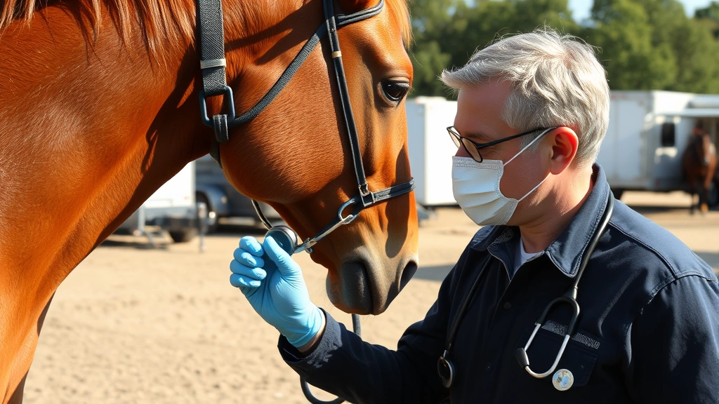 Experienced equine veterinarian examining chestnut horse on film set, stethoscope in use, production trailers and equipment visible in background, natural daylight, demonstrating animal health monitoring protocols during production