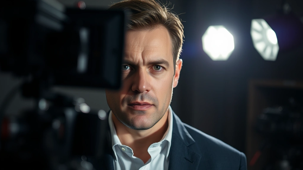 Professional actor in dramatic scene, intense expression, studio lighting, film production setting, focused intensity, no visible text or dialogue bubbles