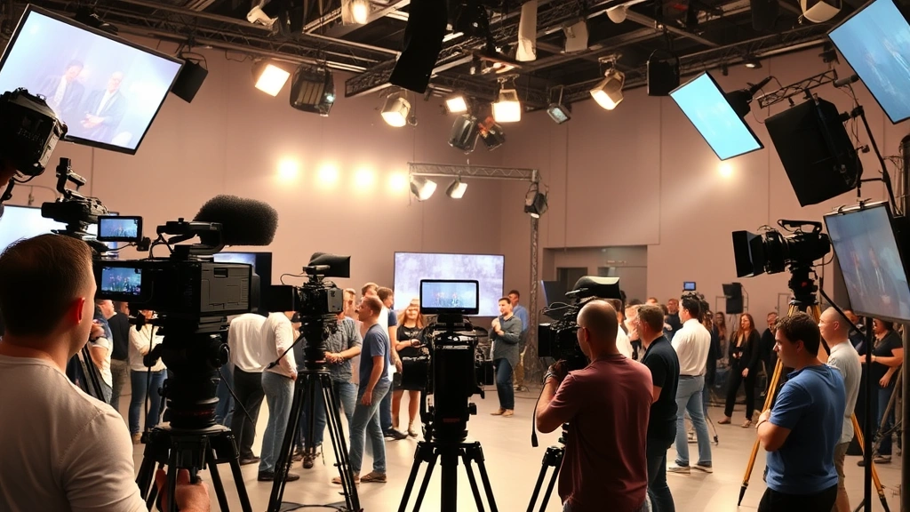 Television production set with multiple cameras, professional lighting rigs, diverse crew members working, modern broadcast equipment, dynamic filmmaking environment, no screens visible
