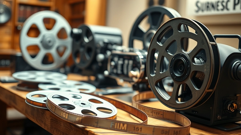 Close-up of film reels and vintage cinema equipment on a wooden editing table, warm lighting highlighting the mechanical details of classic filmmaking technology