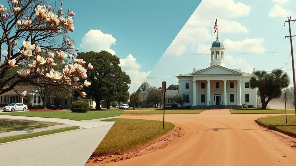 Split-screen showing contrasting 1960s Southern landscapes—magnolia trees, courthouse buildings, and dusty roads—representing the geographical and cultural setting of the narrative