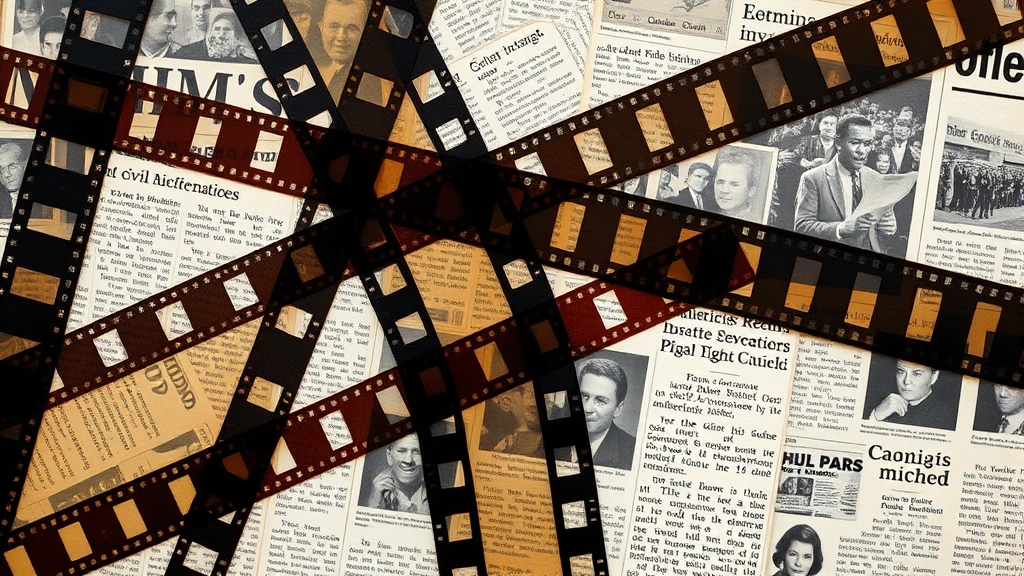 Abstract composition of film strips overlapping with vintage newspaper clippings about civil rights movements, creating visual metaphor for cinema's social commentary and historical documentation