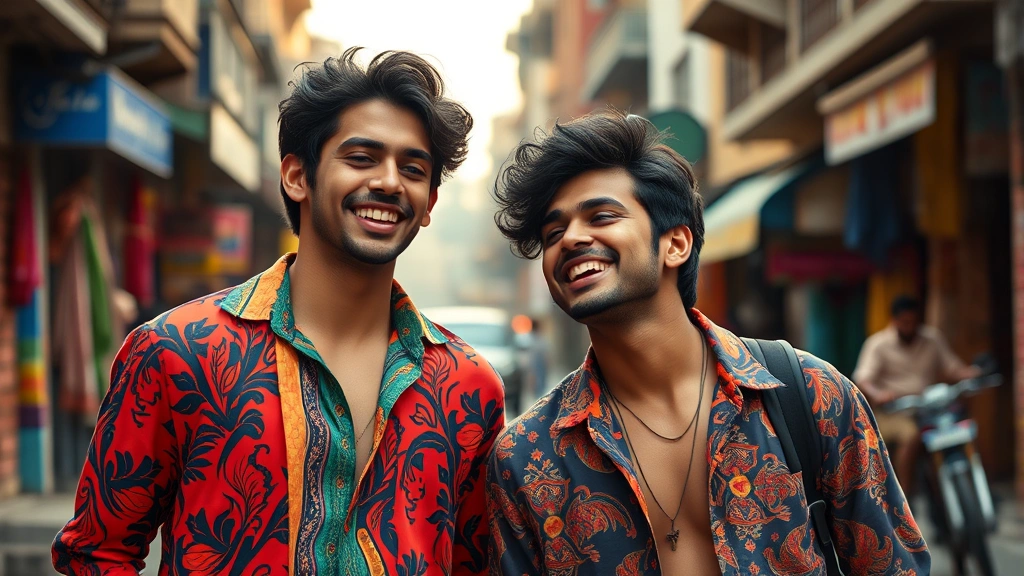 Two young men in colorful 1990s fashion laughing together on a vibrant street, warm natural lighting, Bollywood aesthetic, candid joyful moment between friends