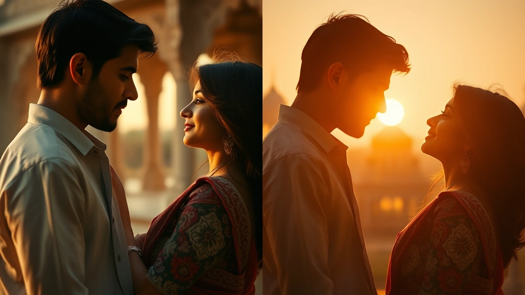 Split-screen showing romantic couple scenes with warm golden hour cinematography, dreamy soft focus, Indian architectural elements, romantic tension and connection