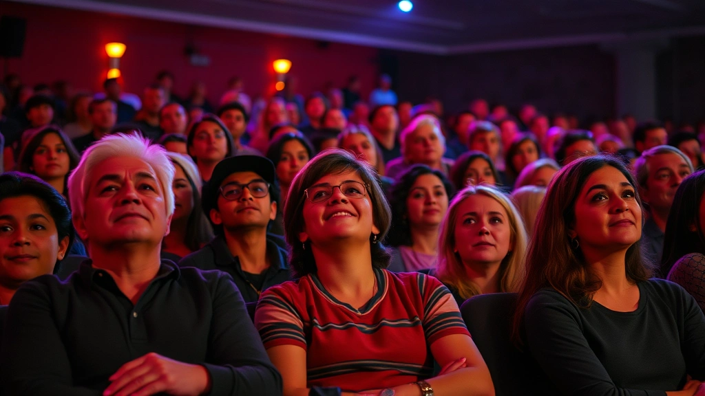 Film festival screening or cinema audience watching with engaged expressions, warm ambient lighting, diverse crowd enjoying movie experience together, nostalgic 90s atmosphere