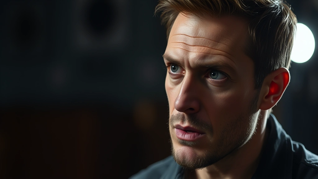 Actor performing intense emotional scene in modern television drama, closeup of face showing vulnerability and depth, professional stage lighting, dramatic tension captured