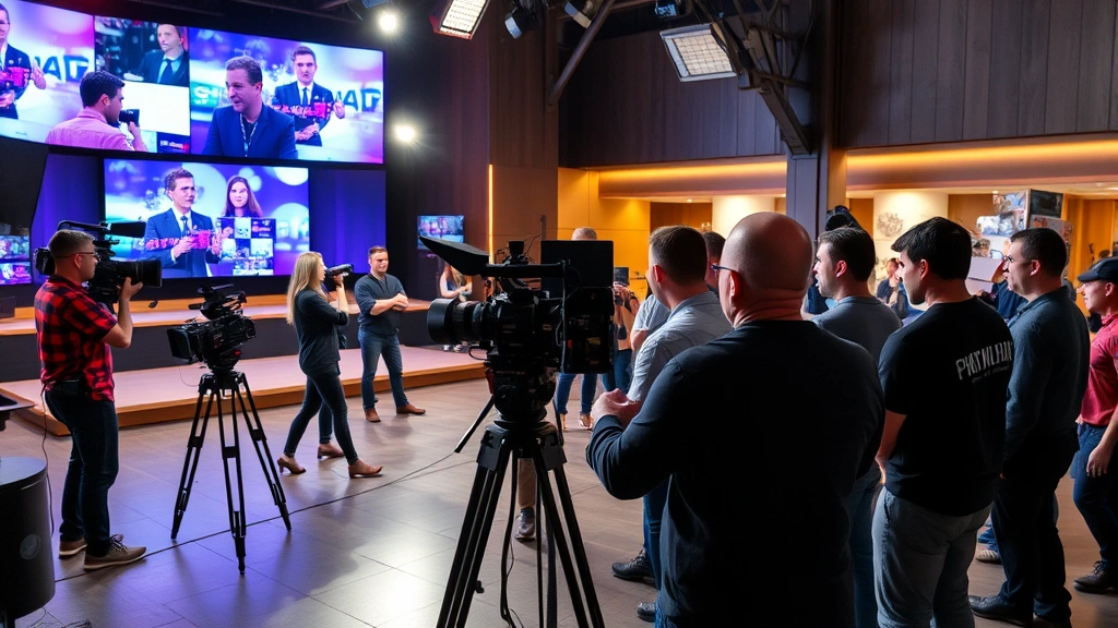 Television set during active production, crew working with cameras and equipment, collaborative entertainment industry environment, professional broadcast setting