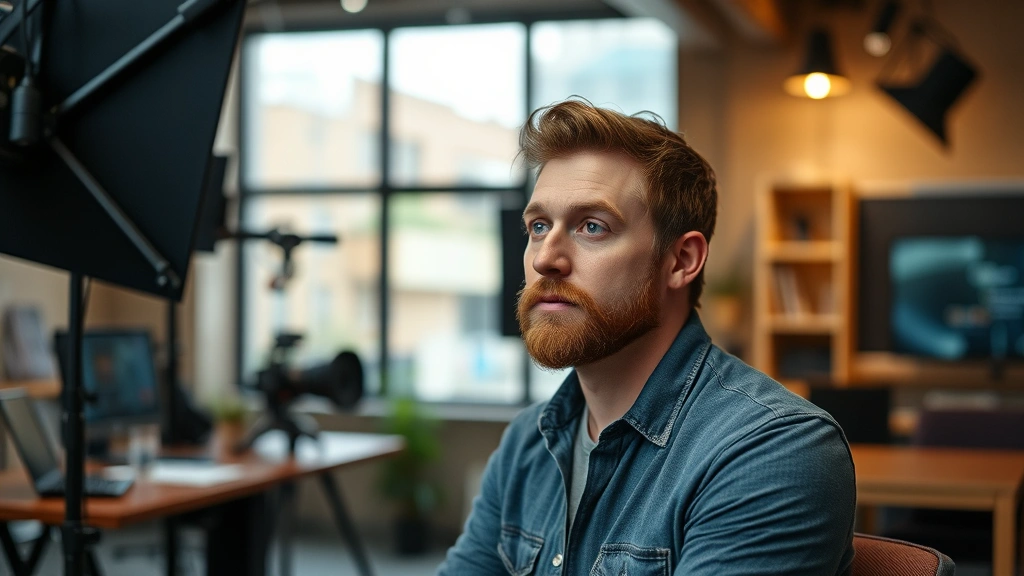 Actor in casual professional environment, thoughtful expression, modern entertainment industry workspace, contemporary digital media backdrop