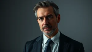 Professional headshot of mature male actor in dramatic lighting, sophisticated wardrobe, contemplative expression, studio setting with neutral background, cinematic quality photography