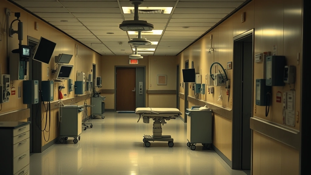 Hospital set design with medical equipment visible, dramatic warm lighting, professional set dressing, empty corridor suggesting television drama production, cinematic cinematography