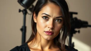 Professional female actor in dramatic lighting against neutral background, intense focused expression, modern studio setting, natural daylight, cinematic portrait composition, film industry aesthetic