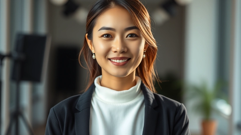 Professional headshot of confident Asian woman in modern studio lighting, soft focus background, contemporary fashion, natural lighting emphasizing authentic expression and presence