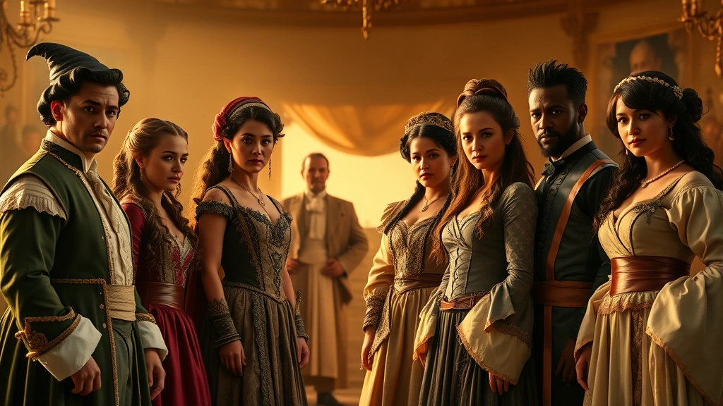 Split-screen composition showing diverse cast members in period fantasy costumes on elaborate set, golden hour lighting, dramatic staging, multiple actors of different ethnicities in equal visual prominence