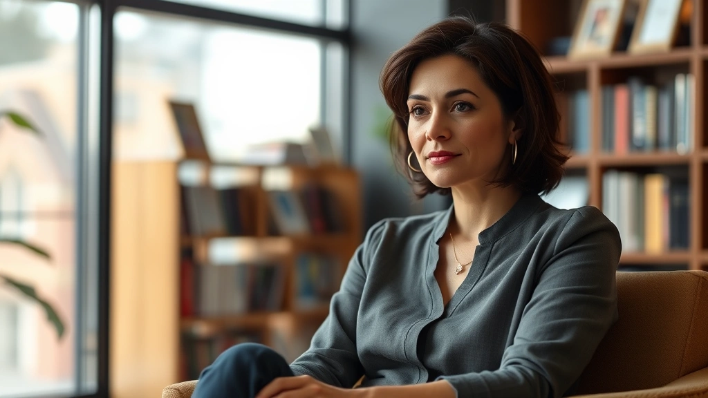 Woman sitting in modern interview setting with natural window lighting, professional casual attire, thoughtful expression, blurred bookshelves and industry awards visible in background, authentic documentary style