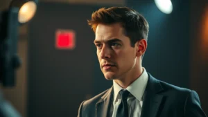 Professional male actor in formal attire during dramatic scene, intense emotional moment captured in professional lighting, modern television production quality, realistic cinematography without any visible text or screens