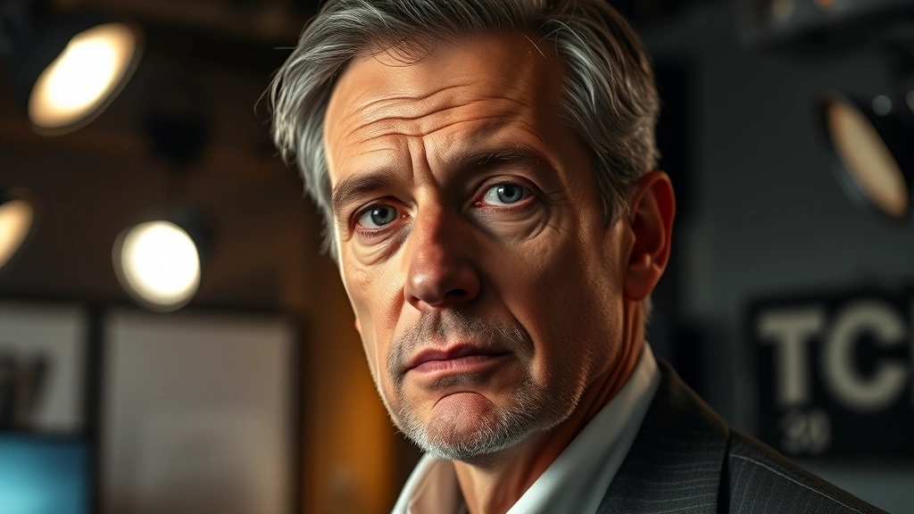 Mature actor in professional setting with serious expression, decades of experience evident in subtle facial features, television drama production environment with sophisticated three-point lighting setup, realistic photographic style