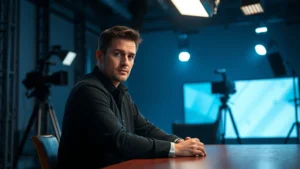 Professional male actor in dramatic television production environment with moody blue-grey lighting, seated at table with serious contemplative expression, modern studio setting with professional camera equipment visible in background, photorealistic contemporary drama aesthetic