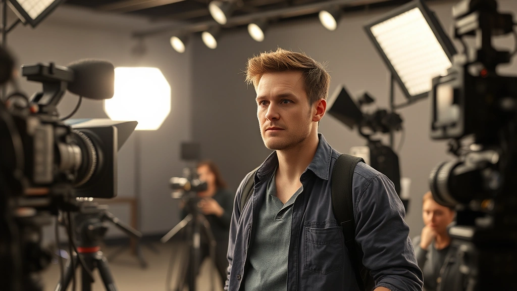 Professional actor in modern film set during production, wearing casual clothing, surrounded by camera equipment and lighting rigs, focused expression during scene preparation, behind-the-scenes atmosphere