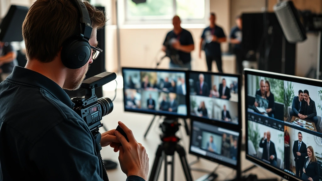 Film director reviewing footage on monitors during production day, multiple screens showing different camera angles, professional crew members in background, collaborative creative environment, natural studio lighting