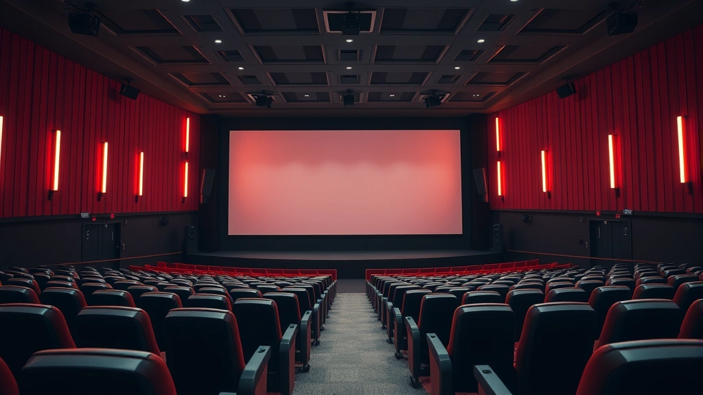 Movie theater interior with rows of seats facing large blank screen, warm ambient lighting, empty auditorium before screening, cinematic atmosphere, modern theater design