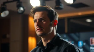 Professional male actor in dramatic lighting, contemplative expression, modern television set background, cinematography-focused composition, no text or identifying marks visible