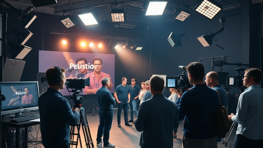 Television production set with professional equipment, crew members collaborating, dramatic overhead lighting, behind-the-scenes atmosphere capturing creative process and teamwork