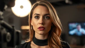 Professional actress in dramatic scene, intense emotional expression, modern television production lighting, close-up portrait style, contemporary setting