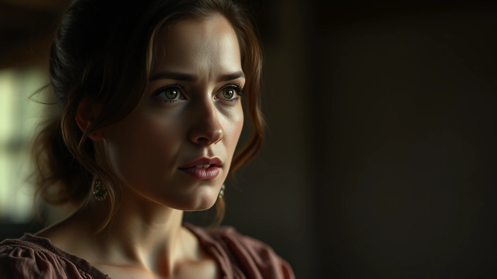 Actress in character-driven performance moment, subtle emotional nuance visible, cinematic framing, natural lighting, intimate dramatic scene without dialogue