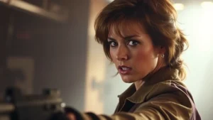 Professional actress in 1980s action film costume, intense dramatic expression, film set lighting, cinematic depth of field, practical stunt preparation visible, Hollywood golden age aesthetic