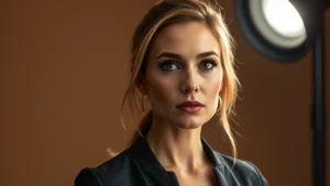 Professional television actress in dramatic lighting, contemplative expression, modern studio setting, professional headshot quality, warm neutral background, confident pose