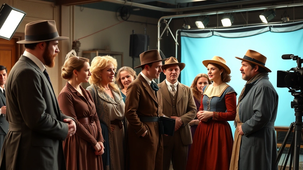 Diverse group of television actors in period costume on set, collaborative moment between performers, studio lighting setup visible, professional production environment, authentic on-set atmosphere