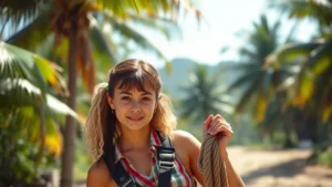 Young woman in 1980s adventure film costume, outdoor tropical location, holding rope or adventure gear, confident expression, natural sunlight, vibrant colors