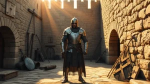 Medieval crusader knight in full plate armor and chainmail standing within fortress courtyard surrounded by stone walls, battle-worn equipment, golden sunlight casting long shadows, photorealistic medieval warfare scene without text or UI elements