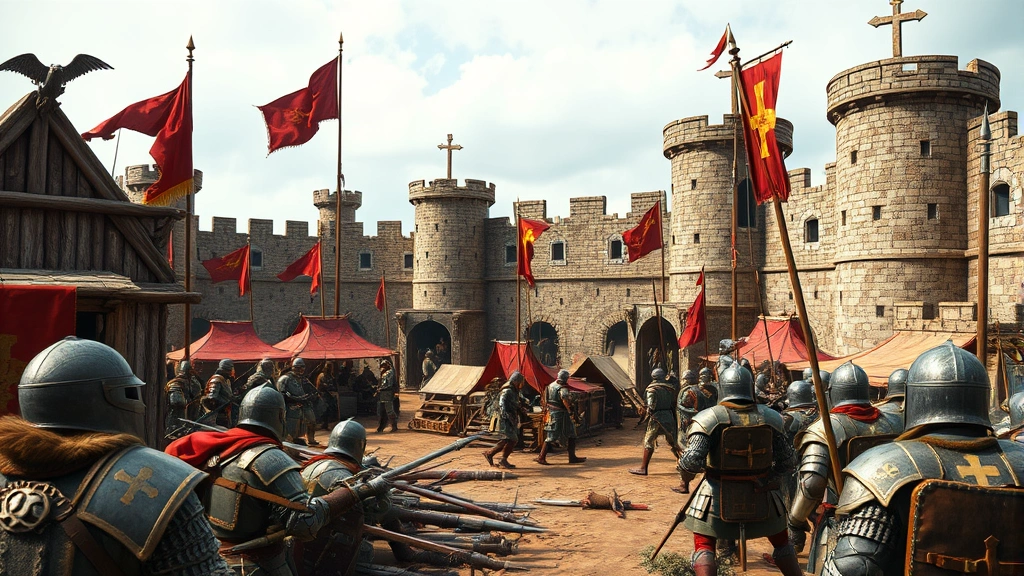 Close-up of medieval siege equipment and wooden fortification structures, crusader banners and military camp setup, detailed period-accurate weaponry and armor, photorealistic historical warfare scene without visible text or interface elements