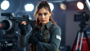 Professional female actress in action pose during 1990s era film production, wearing tactical outfit, confident expression, film set lighting background, cinematic quality