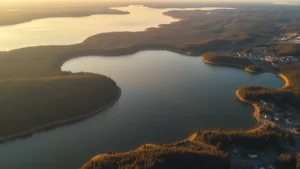 Aerial view of expansive reservoir surrounded by forested landscape and residential areas, golden hour lighting, atmospheric water surface reflecting sky, no text or labels visible, professional landscape photography style