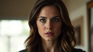 Professional actress in dramatic scene with intense facial expression, natural lighting, intimate character moment, no visible text or interface elements, cinematic quality