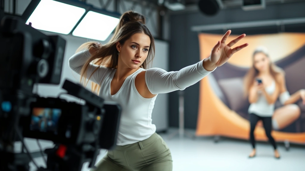 Female performer in action sequence dynamic pose, mid-movement capture, professional production setting, blurred background suggesting movement, no visible screens or notifications