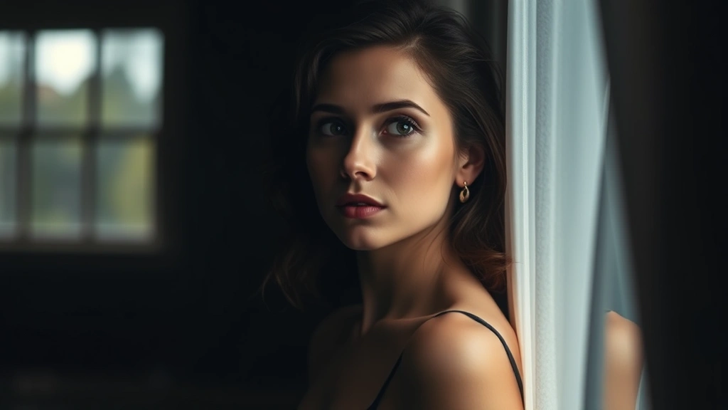 Actress in contemplative pose looking toward window light, moody atmospheric lighting, character-driven moment, subtle emotional expression, professional portrait quality photography