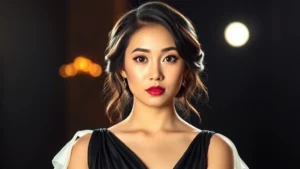 Professional headshot of a talented Asian female performer in elegant theatrical costume, stage lighting, serious dramatic expression, Broadway or West End theater setting, sophisticated makeup, professional photography, no text visible