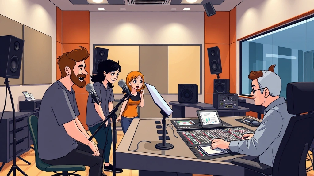 Animation studio workspace with voice actors recording dialogue, professional microphone setup, sound engineer at mixing console, modern recording facility interior, digital equipment, collaborative creative environment, no screens or text