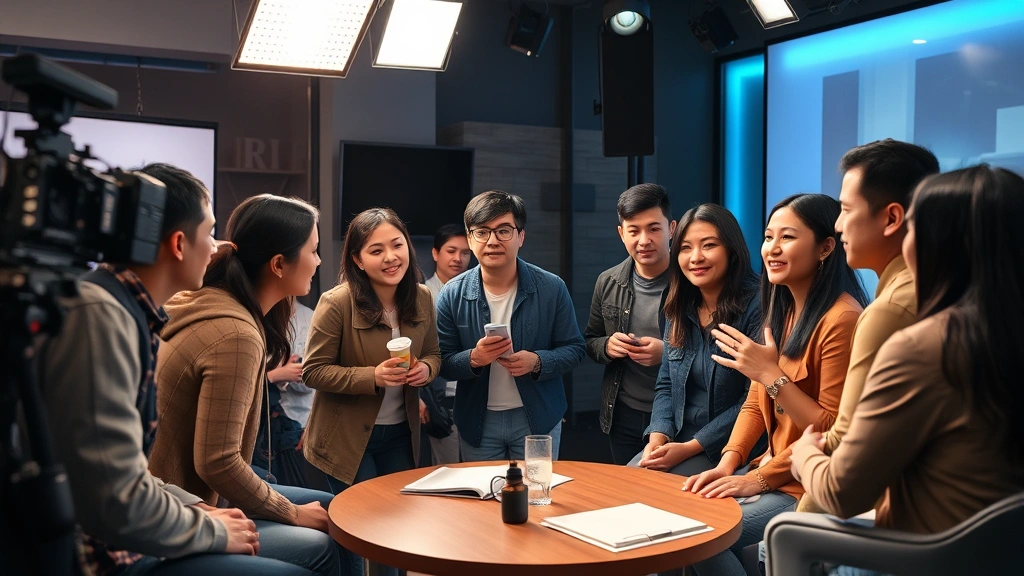 Diverse cast of Asian and international performers on modern television or film set, collaborative scene work, professional lighting setup, contemporary production design, inclusive casting representation, no visible screens or text