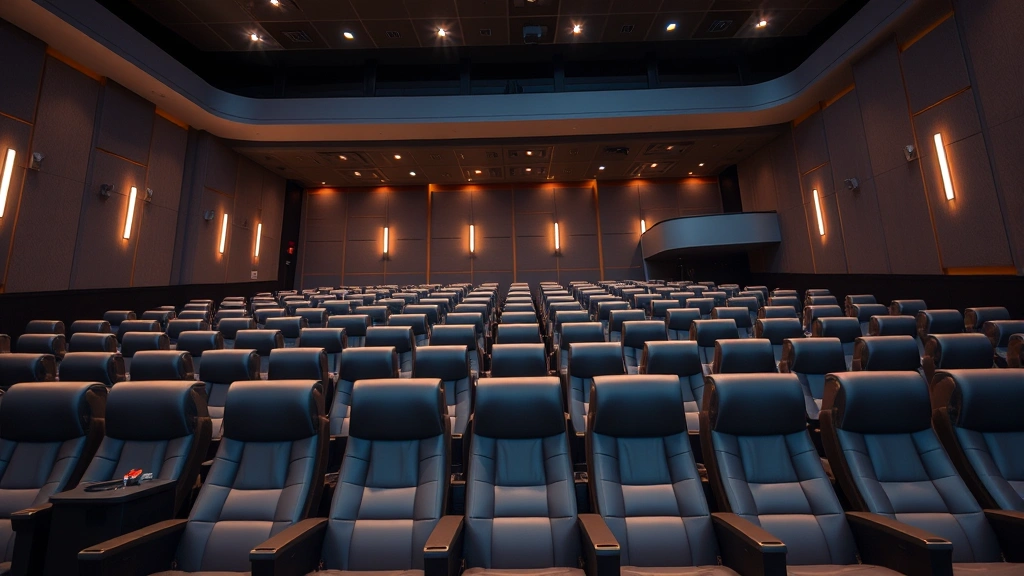 Modern theater interior with premium reclined seating, warm ambient lighting, and contemporary architectural design, showing rows of comfortable seats in a state-of-the-art auditorium