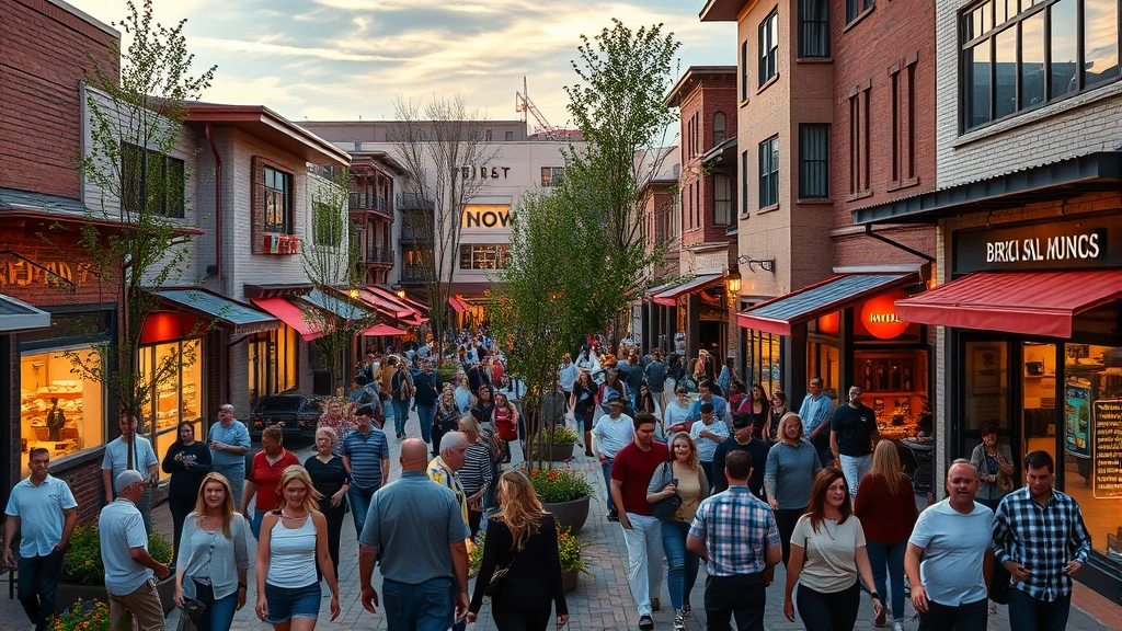 Bustling mixed-use shopping destination outdoor common area at golden hour, with diverse crowds walking between retail stores and dining establishments, creating vibrant community atmosphere