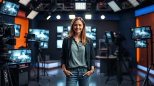 Professional woman in modern television studio setting, wearing casual professional attire, surrounded by professional production equipment and monitors displaying digital content, dramatic studio lighting creating depth and sophistication, photorealistic contemporary media environment