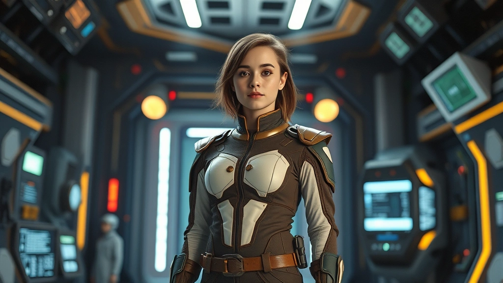Young female actor in character costume standing confidently on advanced futuristic set with technology-inspired props and lighting, representing science fiction television production, cinematic quality lighting emphasizing professional performance space, no visible text or interface elements