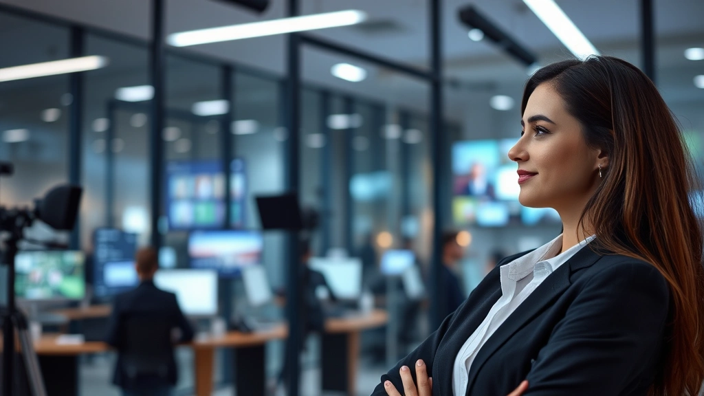 Woman in professional attire in modern streaming or media office environment with glass walls, digital displays in background, collaborative workspace atmosphere, contemporary media industry setting, photorealistic lighting and professional design elements