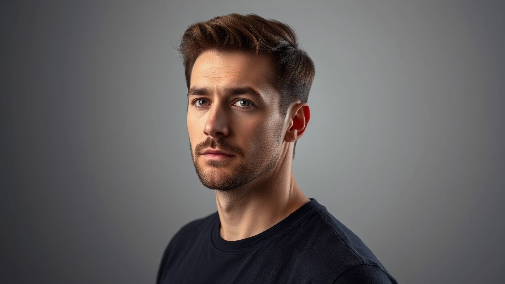 Professional headshot of male actor in studio lighting with neutral background, serious contemplative expression suitable for entertainment industry portfolio, photorealistic high resolution